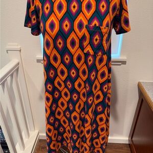 LuLaRoe Carly Colorful Geometric High Low Dress in Orange, Teal & Purple